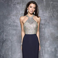 Golden Midnight Nina Canacci Dress-Trendi737 Jewelry Boutique-Blue and gold Nina Canacci Dress,Blue Nina Canacci Dress,dama dress,Dresses,evening gown,gala dress,halter dress,long evening gown,open back dress,pageant dress,prom dress,special occasion dress,vestido de gala,Vestido para dama