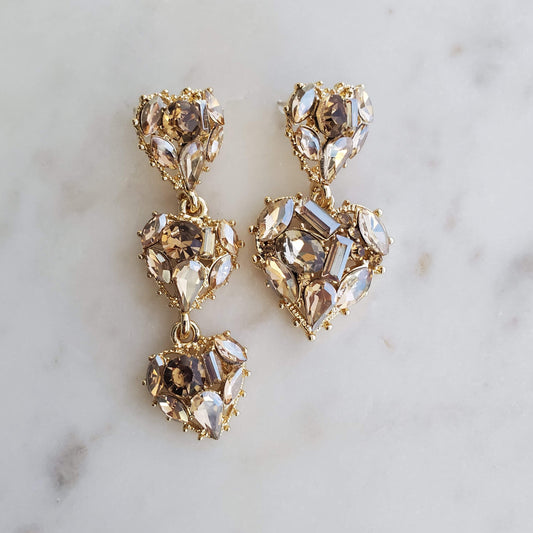Heartly Perfect-Trendi737 Jewelry Boutique-asymmetrical earrings,champagne crystal earrings,champagne earrings,earrings,gold earrings,heart champagne earrings,heart earrings,Heartly perfect